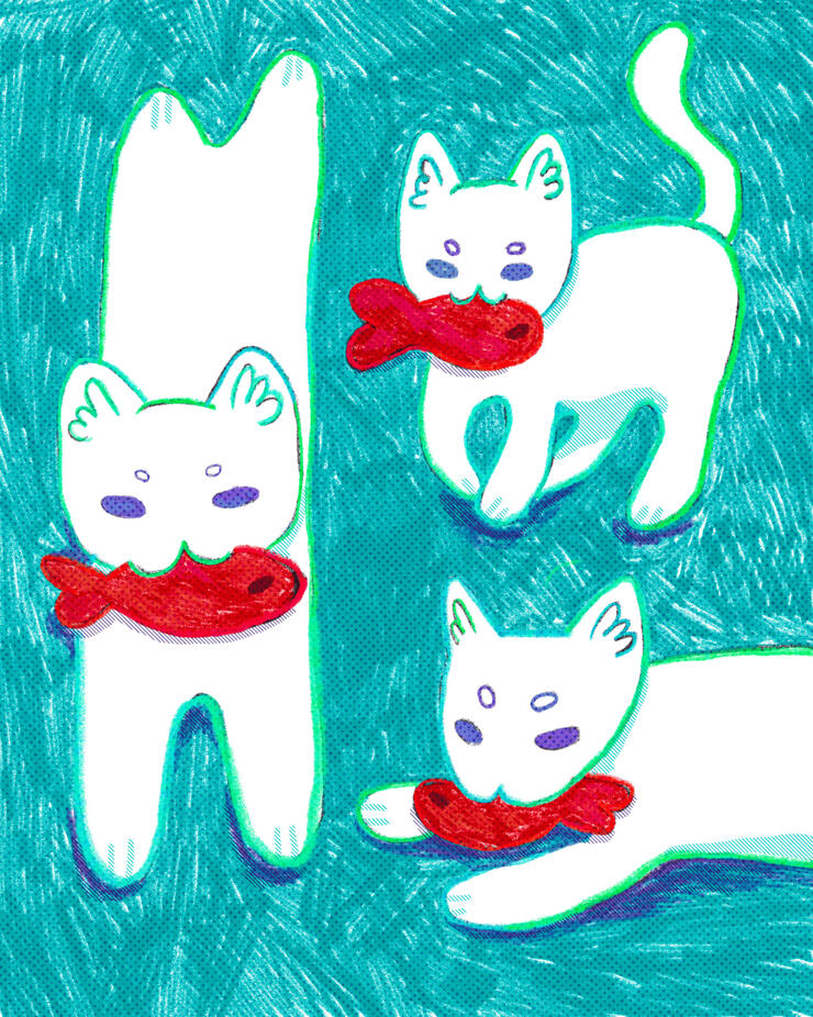 Spooky-cute illustration of a cartoon cat holding a fish in bold red and blue tones with emo aesthetic.